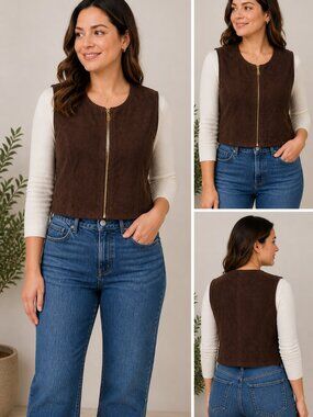 Valerie Stevens Brown Faux Suede Zip Front Vest Sleeveless Size 14